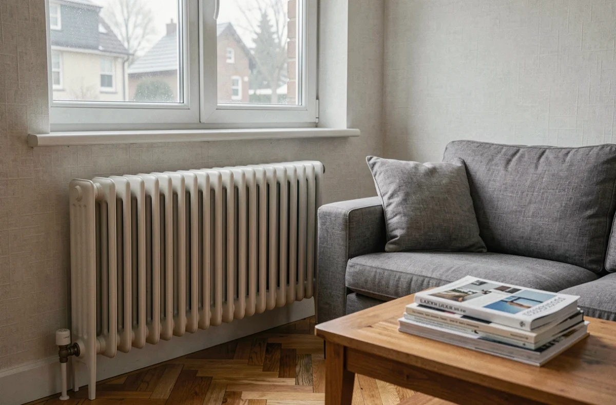 Radiateur en fonte d'un chauffage central dans un salon confortable avec parquet en chêne et fenêtre hivernale