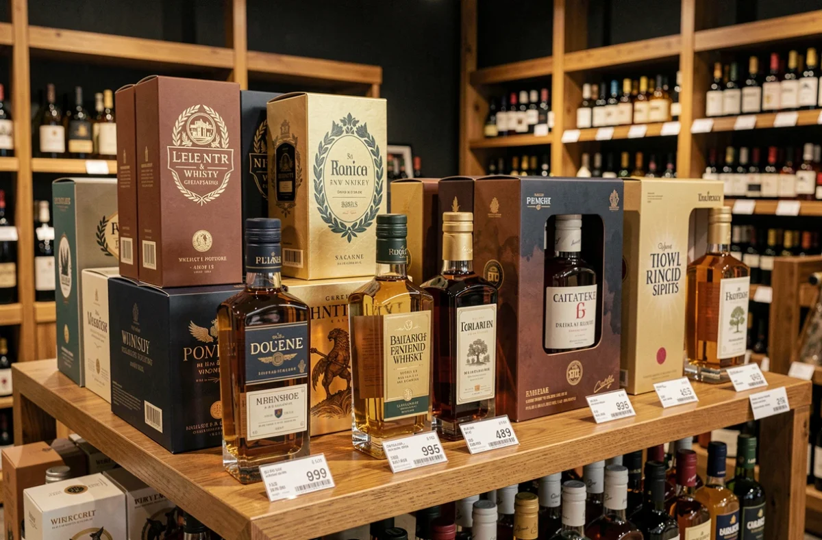 Rayon de coffrets cadeaux whisky abordables dans une cave à spiritueux avec étiquettes et prix visibles