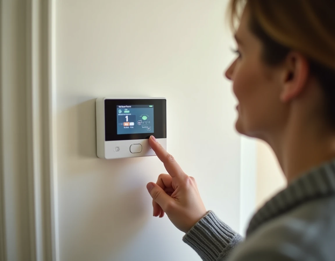 Femme réglant le thermostat d'une pompe à chaleur sur panneau de commande mural