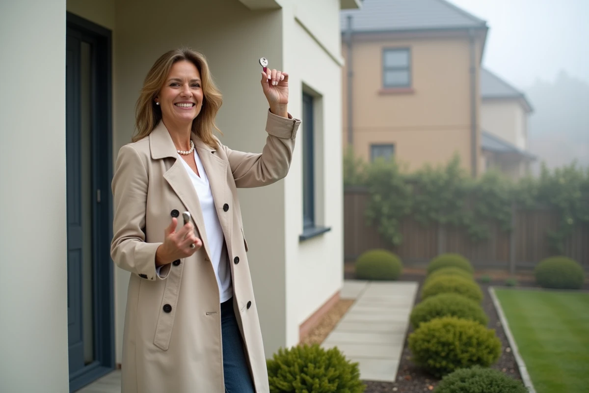 Femme souriante tenant les clés de sa nouvelle maison devant la façade moderne d'une construction neuve