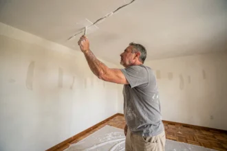 Artisan en train de reboucher une fissure au plafond avec un couteau à enduire dans un salon vide avant la vente du logement