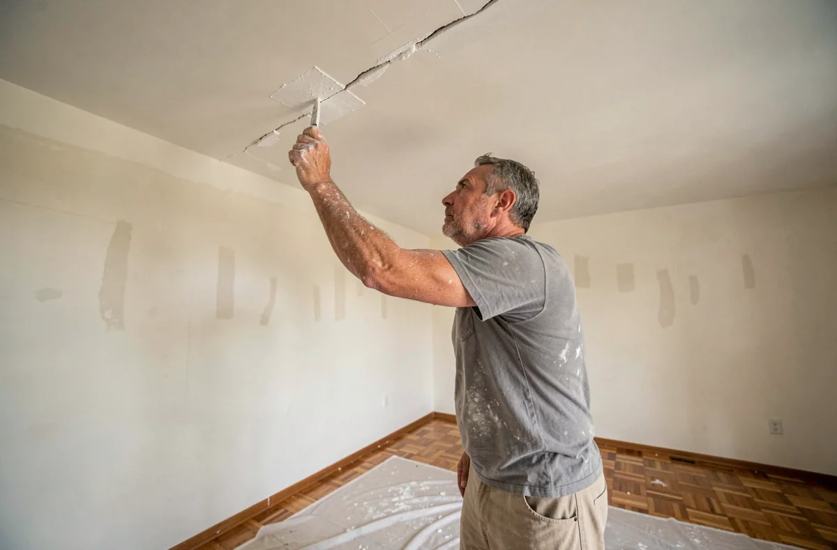Artisan en train de reboucher une fissure au plafond avec un couteau à enduire dans un salon vide avant la vente du logement