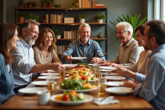 Groupe d'adultes souriants autour d'un buffet convivial