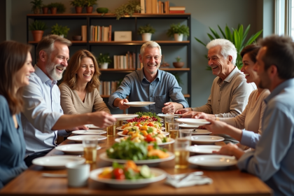 Groupe d'adultes souriants autour d'un buffet convivial