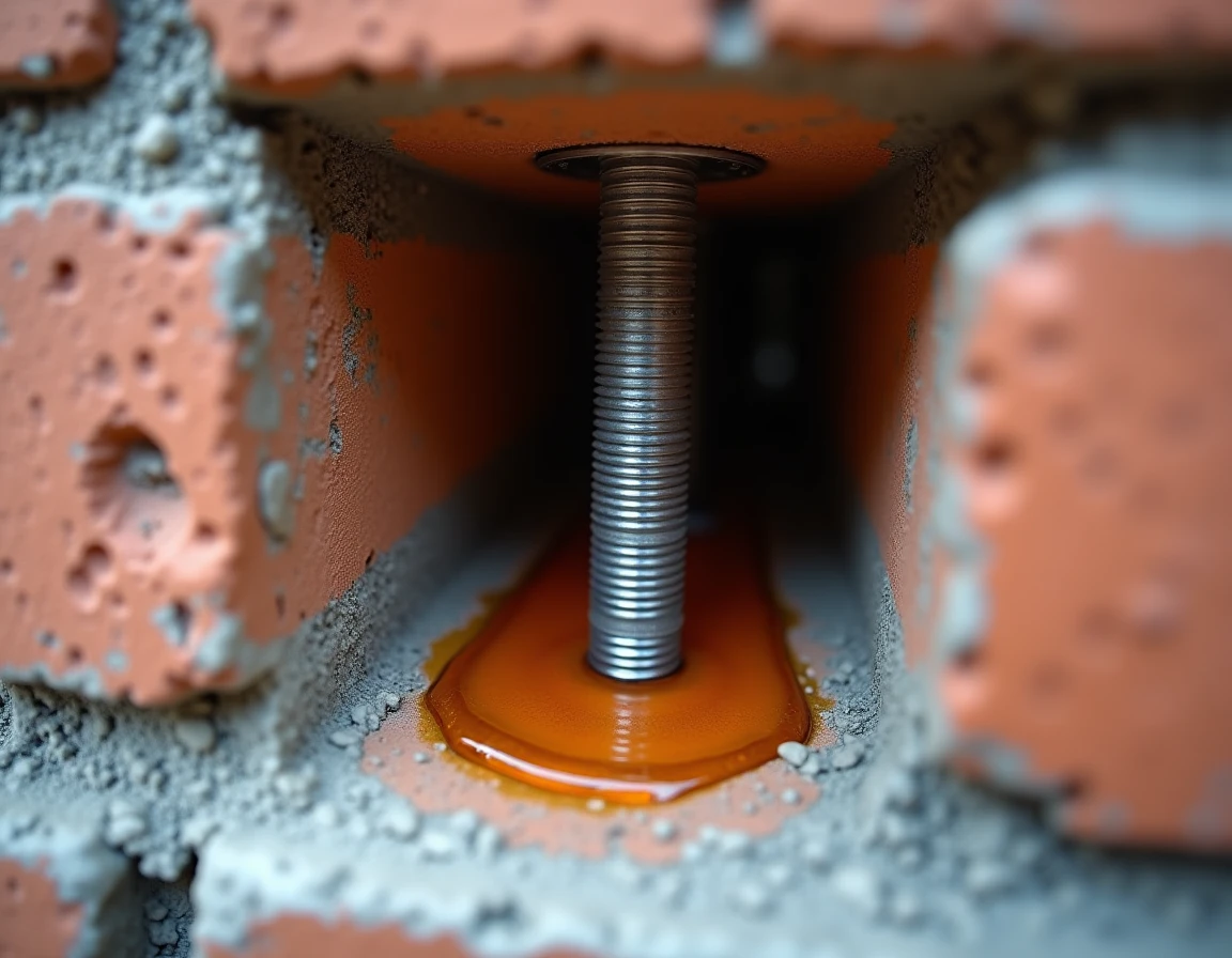 Gros plan sur une résine de scellement chimique injectée autour d'une tige filetée dans un mur en brique creuse