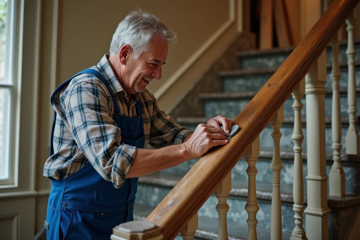 Restaurateur polissant la rampe en bois d