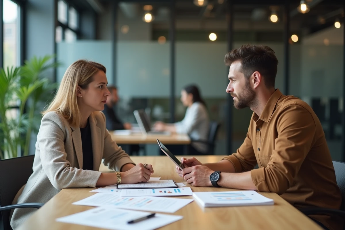 Deux professionnels Wecassa en réunion dans un espace de coworking pour discuter de revenus et de conditions
