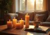 Salon chaleureux avec bougies parfumees allumees et lumiere naturelle