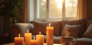 Salon chaleureux avec bougies parfumees allumees et lumiere naturelle