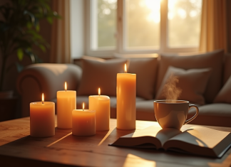 Salon chaleureux avec bougies parfumees allumees et lumiere naturelle