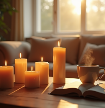 Salon chaleureux avec bougies parfumees allumees et lumiere naturelle