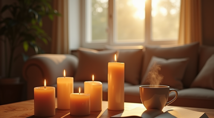 Salon chaleureux avec bougies parfumees allumees et lumiere naturelle