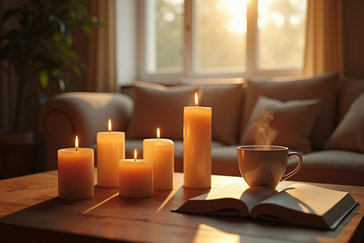 Salon chaleureux avec bougies parfumees allumees et lumiere naturelle