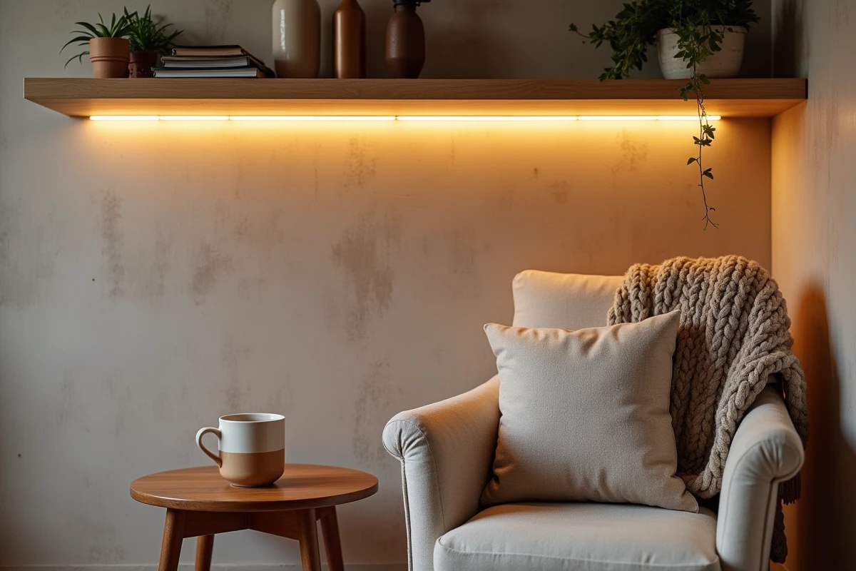 Salon cosy avec éclairage LED blanc chaud intégré derrière une étagère en bois flottant, fauteuil en lin et ambiance chaleureuse