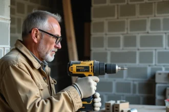 Ouvrier du bâtiment insérant une cartouche de scellement chimique dans un mur creux lors de travaux de rénovation intérieure