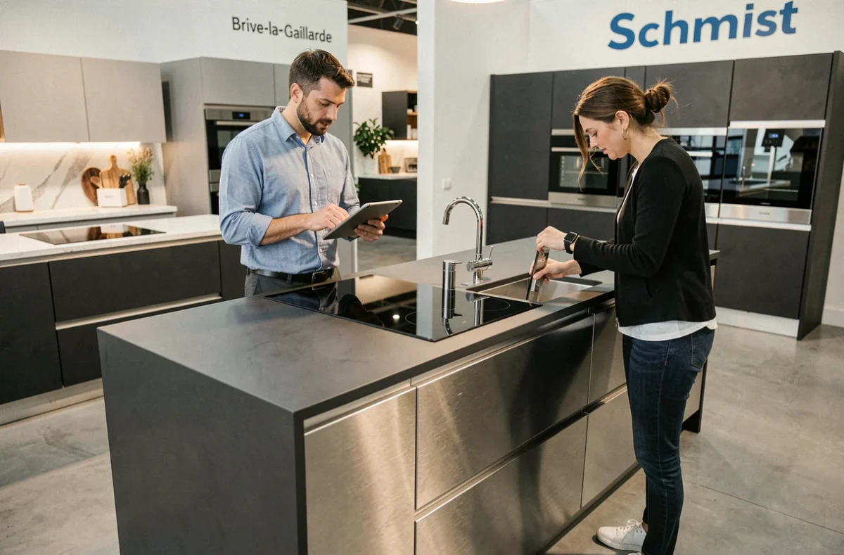 Cuisine exposée chez Schmidt Brive-la-Gaillarde, îlot anthracite et acier brossé
