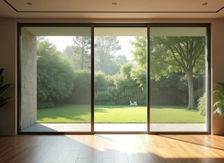 Salon moderne avec porte-fenêtre et moustiquaire invisible