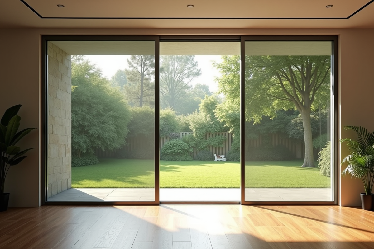 Salon moderne avec porte-fenêtre et moustiquaire invisible
