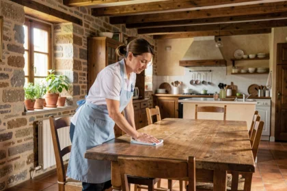 Prestataire de ménage à domicile en Bourgogne-Franche-Comté essuyant une table en bois dans une maison régionale traditionnelle