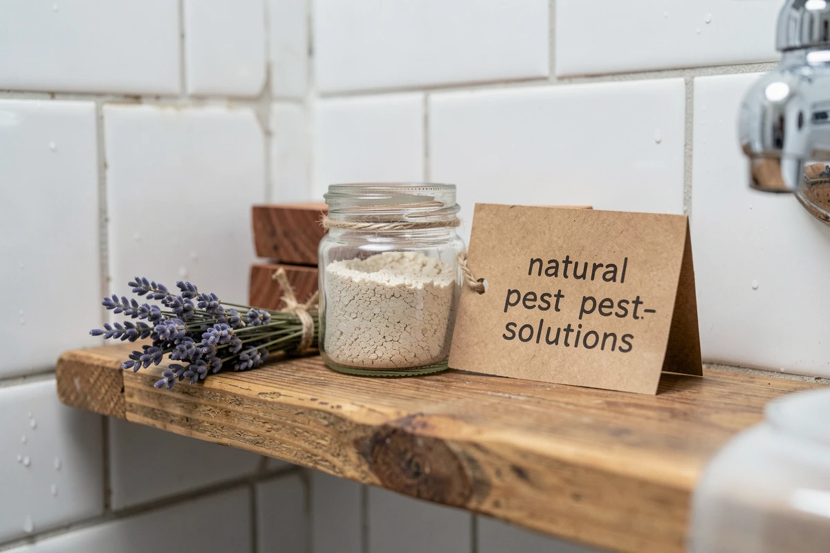 Solutions naturelles anti-nuisibles disposées sur une étagère de salle de bain : terre de diatomée, lavande et bois de cèdre