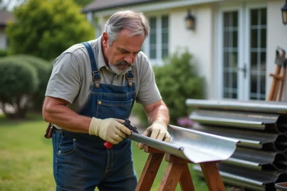 Hommes en overalls soudant une gouttière zinc dans un jardin