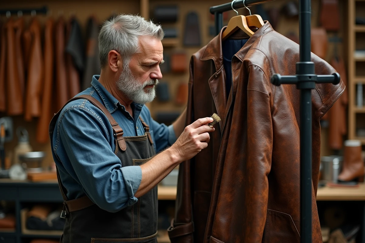 Artisan spécialiste du cuir traitant une veste en cuir moisie dans un atelier de restauration professionnel