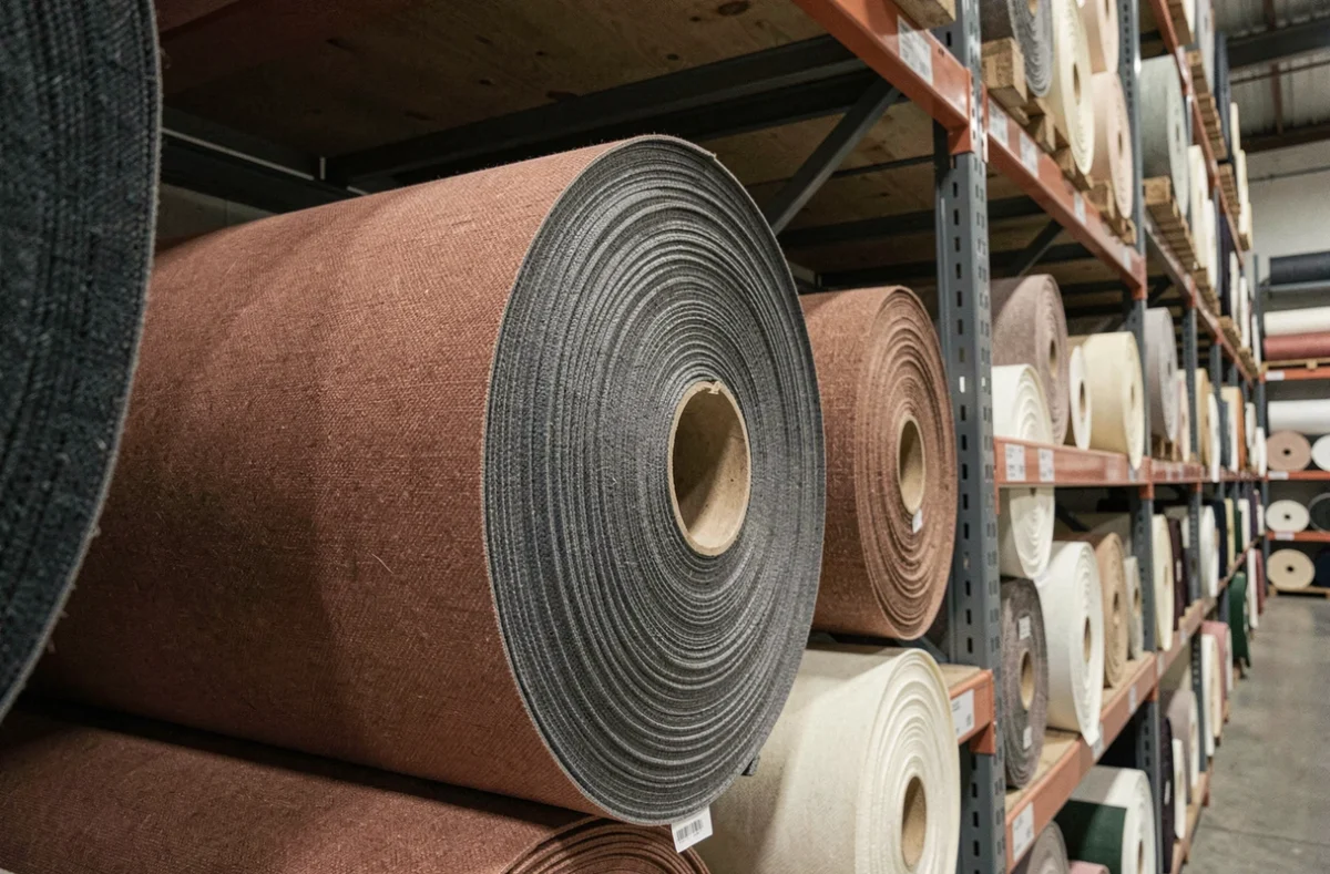 Rouleaux de tissus grande largeur en stockage vertical sur des étagères métalliques industrielles dans un entrepôt textile