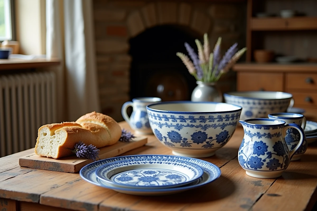 Table alsacienne dressée avec de la vaisselle en faïence peinte à la main de Soufflenheim, poterie BECK