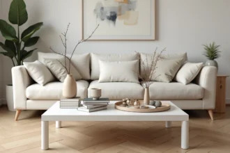 Table basse design blanche en bois laqué dans un salon scandinave avec des erreurs de décoration typiques : objets décoratifs mal assortis et disposition encombrée