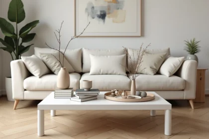 Table basse design blanche en bois laqué dans un salon scandinave avec des erreurs de décoration typiques : objets décoratifs mal assortis et disposition encombrée