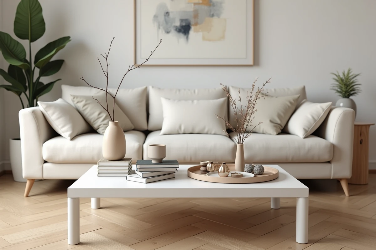 Table basse design blanche en bois laqué dans un salon scandinave avec des erreurs de décoration typiques : objets décoratifs mal assortis et disposition encombrée
