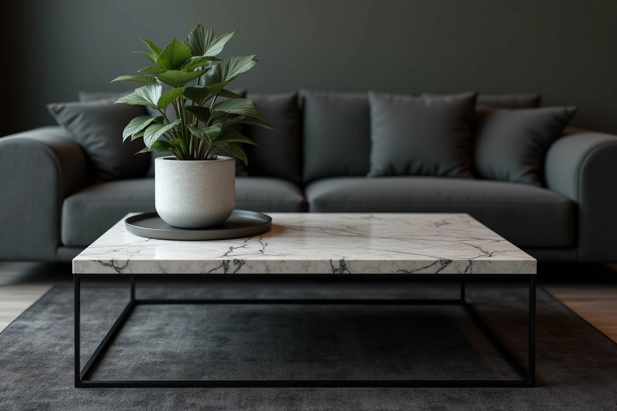 Table basse en marbre avec cadre noir posée sur un tapis sombre, illustrant l'erreur déco d'un mauvais contraste entre le mobilier et le revêtement de sol
