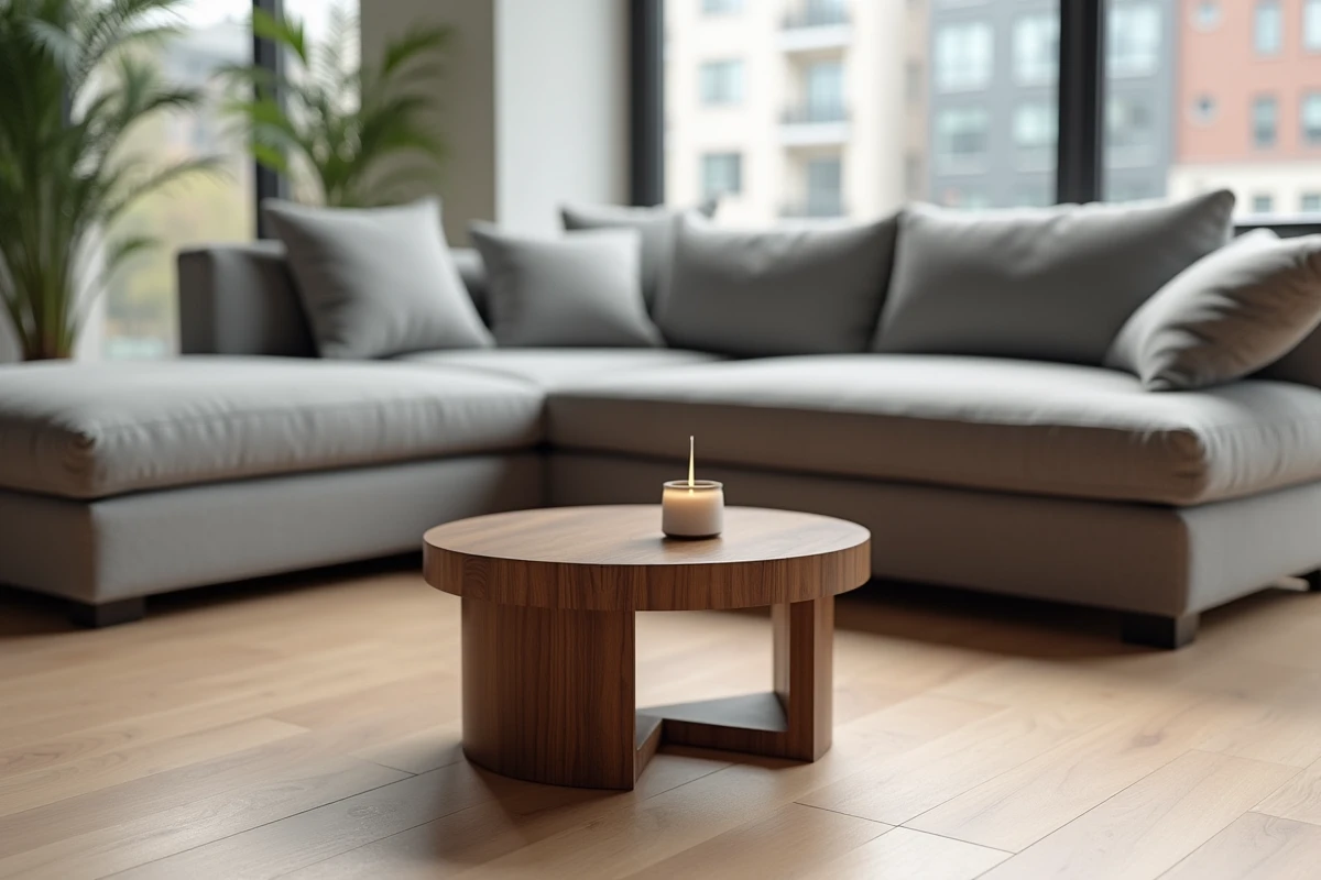 Table basse ronde en noyer trop petite par rapport à un grand canapé d'angle gris dans un salon moderne, erreur classique de proportion et d'échelle en décoration intérieure