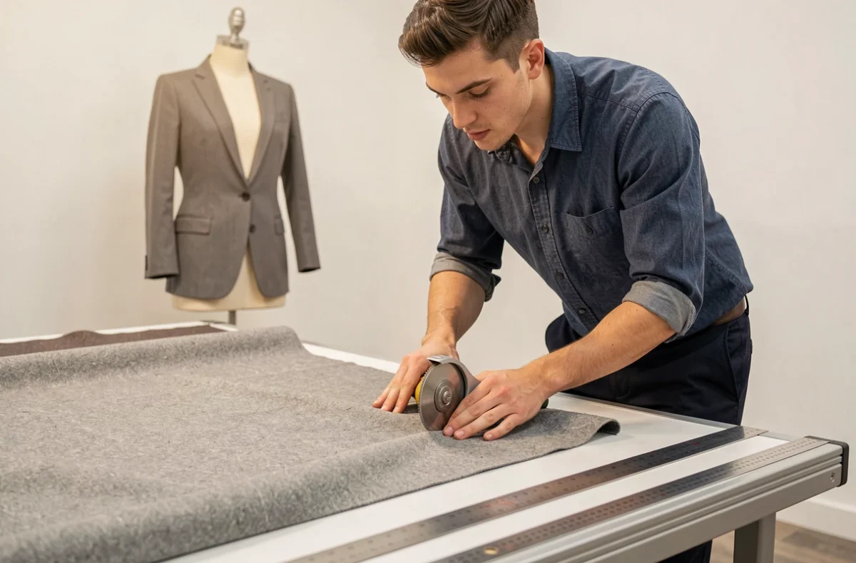 Tailleur utilisant un cutter rotatif pour couper un tissu grande largeur en laine grise dans un studio de confection moderne