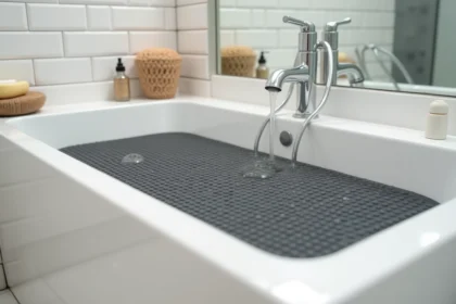 Tapis antidérapant de bain gris anthracite avec ventouses dans une baignoire en céramique blanche