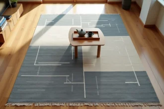 Tapis japonisant à motifs géométriques indigo et crème posé sur un parquet clair dans un salon minimaliste