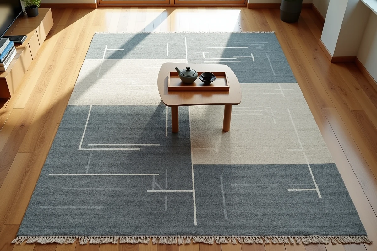 Tapis japonisant à motifs géométriques indigo et crème posé sur un parquet clair dans un salon minimaliste