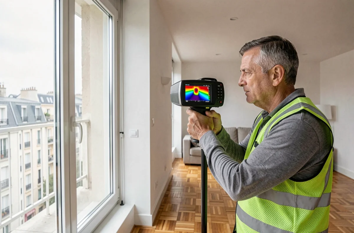 Technicien utilisant une caméra thermique pour détecter les déperditions thermiques d'une fenêtre lors d'un audit énergétique en appartement