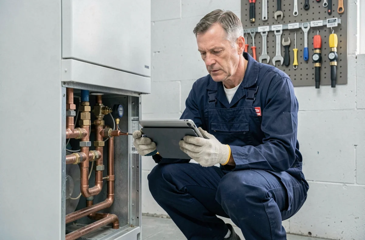 Technicien en chauffage inspectant un système de chauffage central dans une chaufferie résidentielle