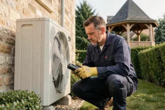 Technicien HVAC inspectant une pompe à chaleur air-air installée sur un mur extérieur d'une maison individuelle française