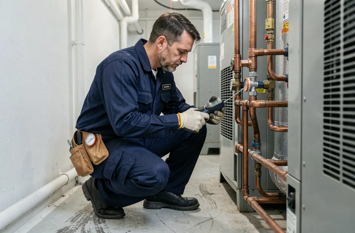 Technicien en chauffage inspectant les connexions intérieures d'une pompe à chaleur