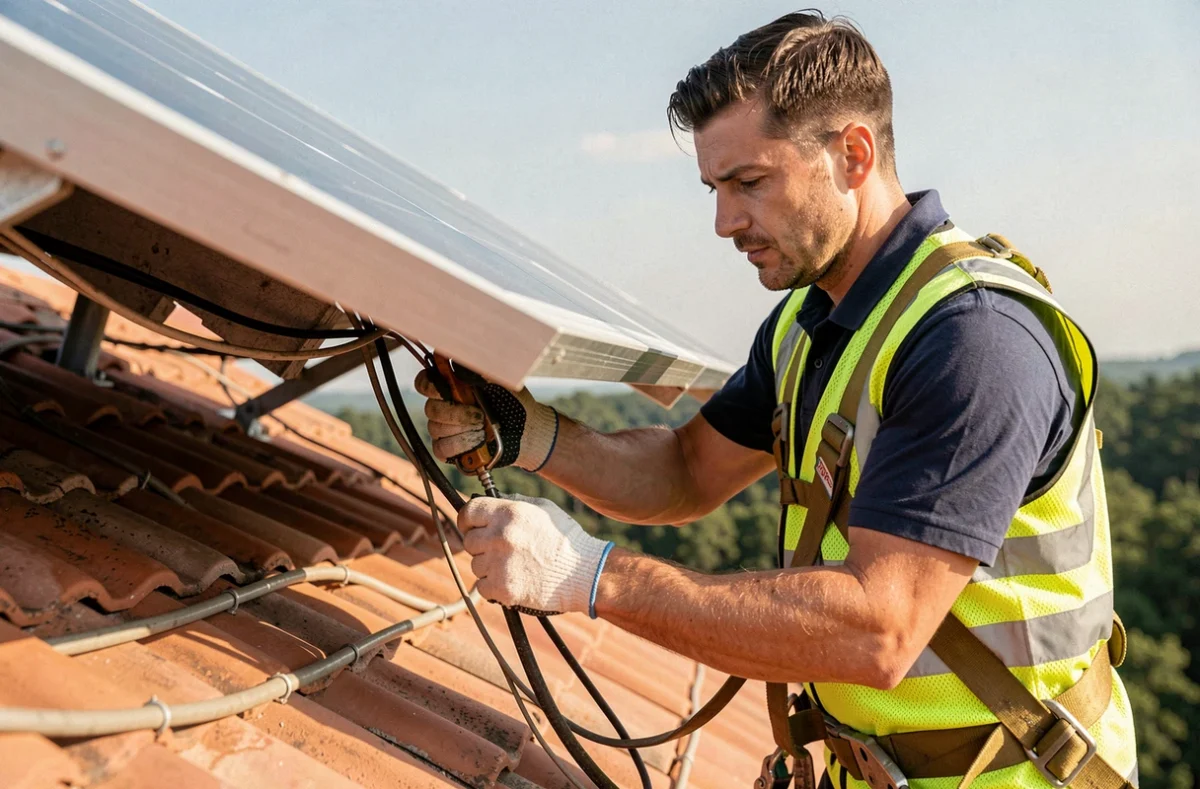 Technicien installant un panneau solaire 400 Wc sur un toit en tuiles, avec harnais de sécurité