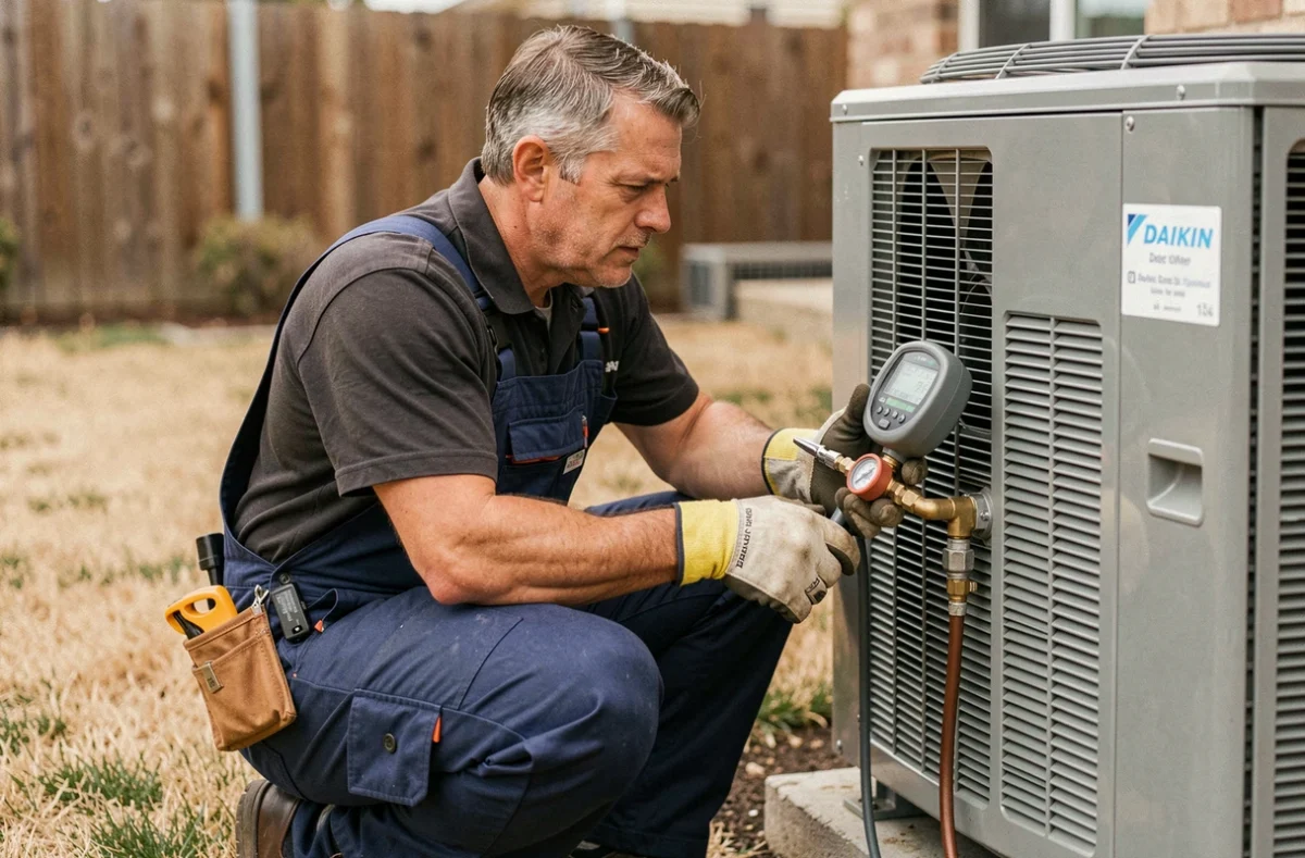 Technicien HVAC installant une pompe à chaleur Daikin air-eau dans un jardin résidentiel