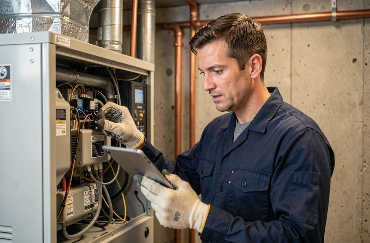 Technicien HVAC inspectant une pompe à chaleur Hitachi lors d'une visite de maintenance professionnelle