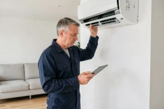 Technicien inspectant une pompe à chaleur murale dans un salon moderne