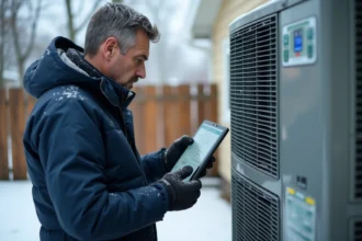 Technicien en hiver vérifiant une pompe à chaleur extérieure