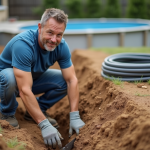 Profondeur pour enterrer fil pompe piscine : installer et protéger l’installation correctement ! Technicien mesurant la profondeur d'une tranchée dans un jardin