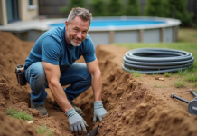 Profondeur pour enterrer fil pompe piscine : installer et protéger l’installation correctement ! Technicien mesurant la profondeur d'une tranchée dans un jardin
