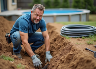 Profondeur pour enterrer fil pompe piscine : installer et protéger l’installation correctement ! Technicien mesurant la profondeur d'une tranchée dans un jardin
