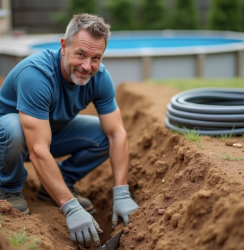 Technicien mesurant la profondeur d'une tranchée dans un jardin
